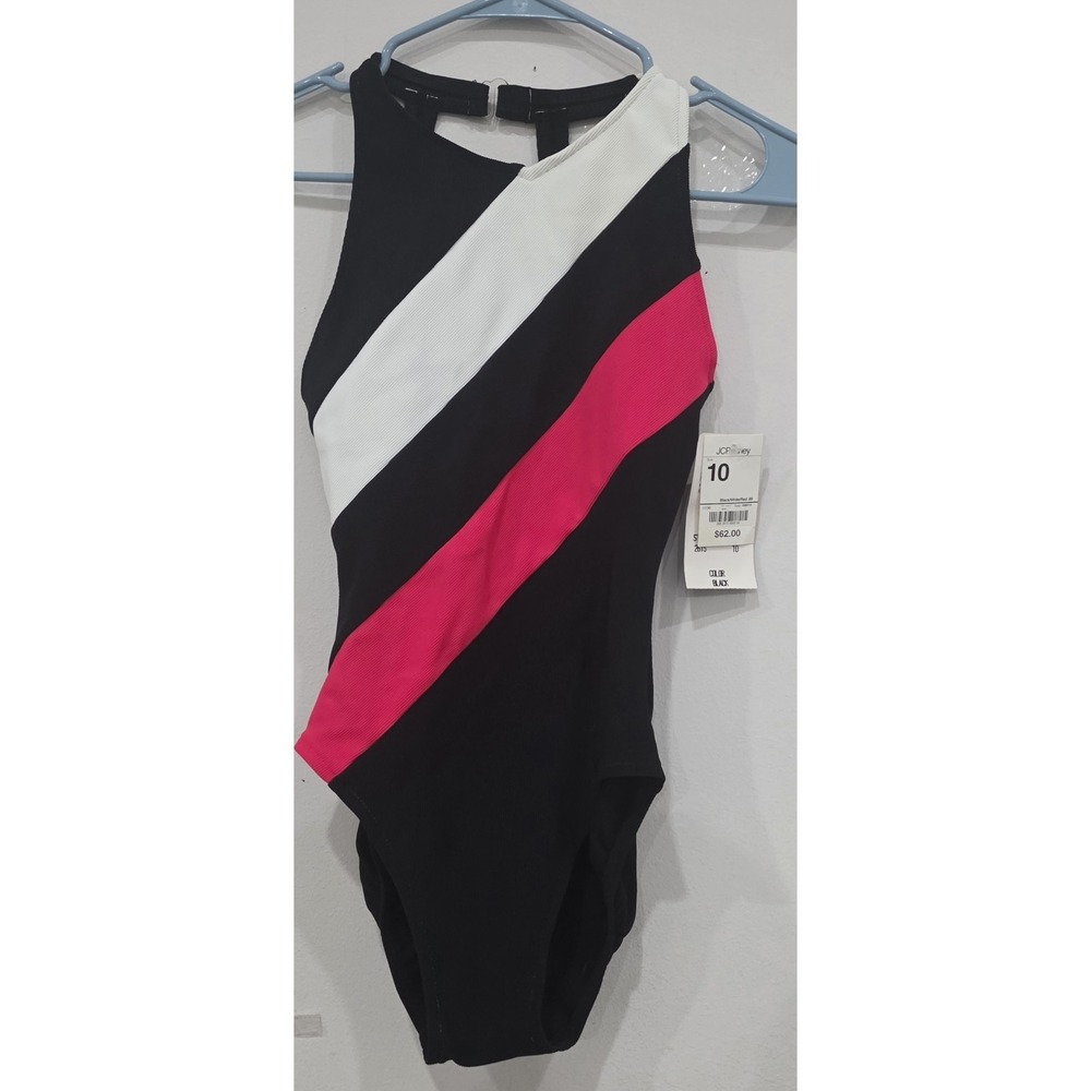 JCPenney One Piece Colorblock Swimsuit Racerback Black White Red Size 10